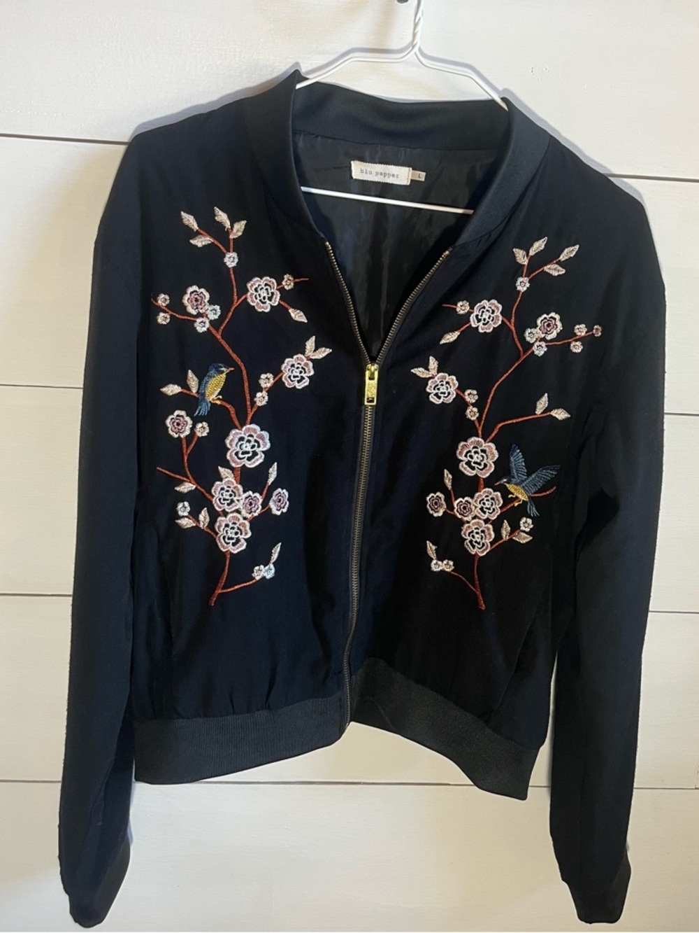 Blu Pepper Black Embroidered Floral & Bird Bomber Jacket